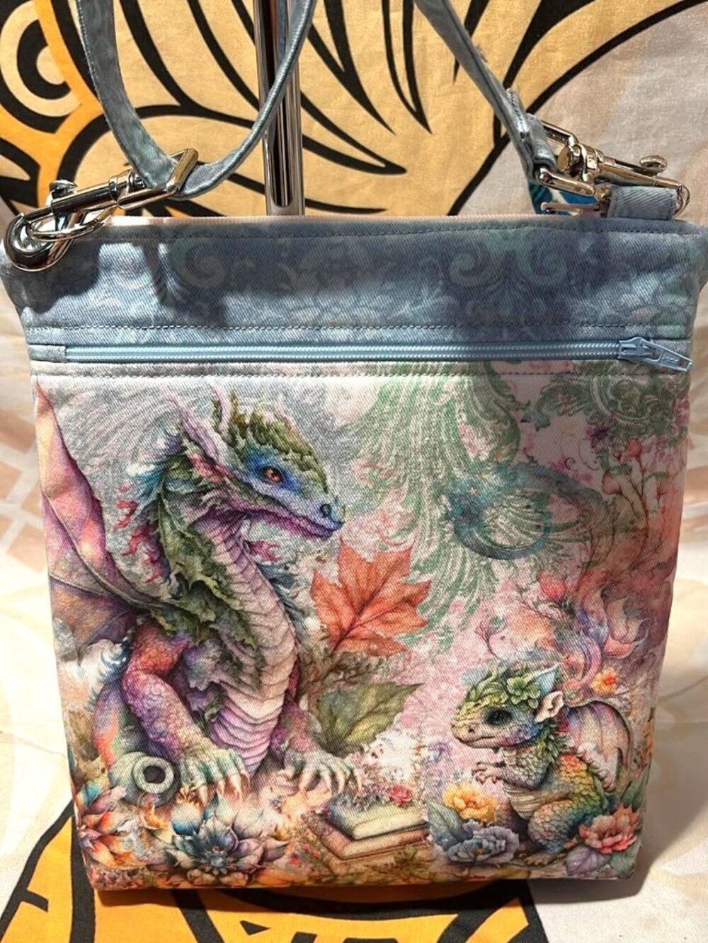 Fantasy Dragon Art Crossbody Bag – Light Blue – Adjustable Strap
